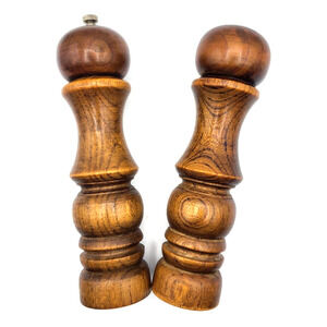 Vintage Turned Wood Salt Shaker and Pepper Grinder Brown 9" Tall